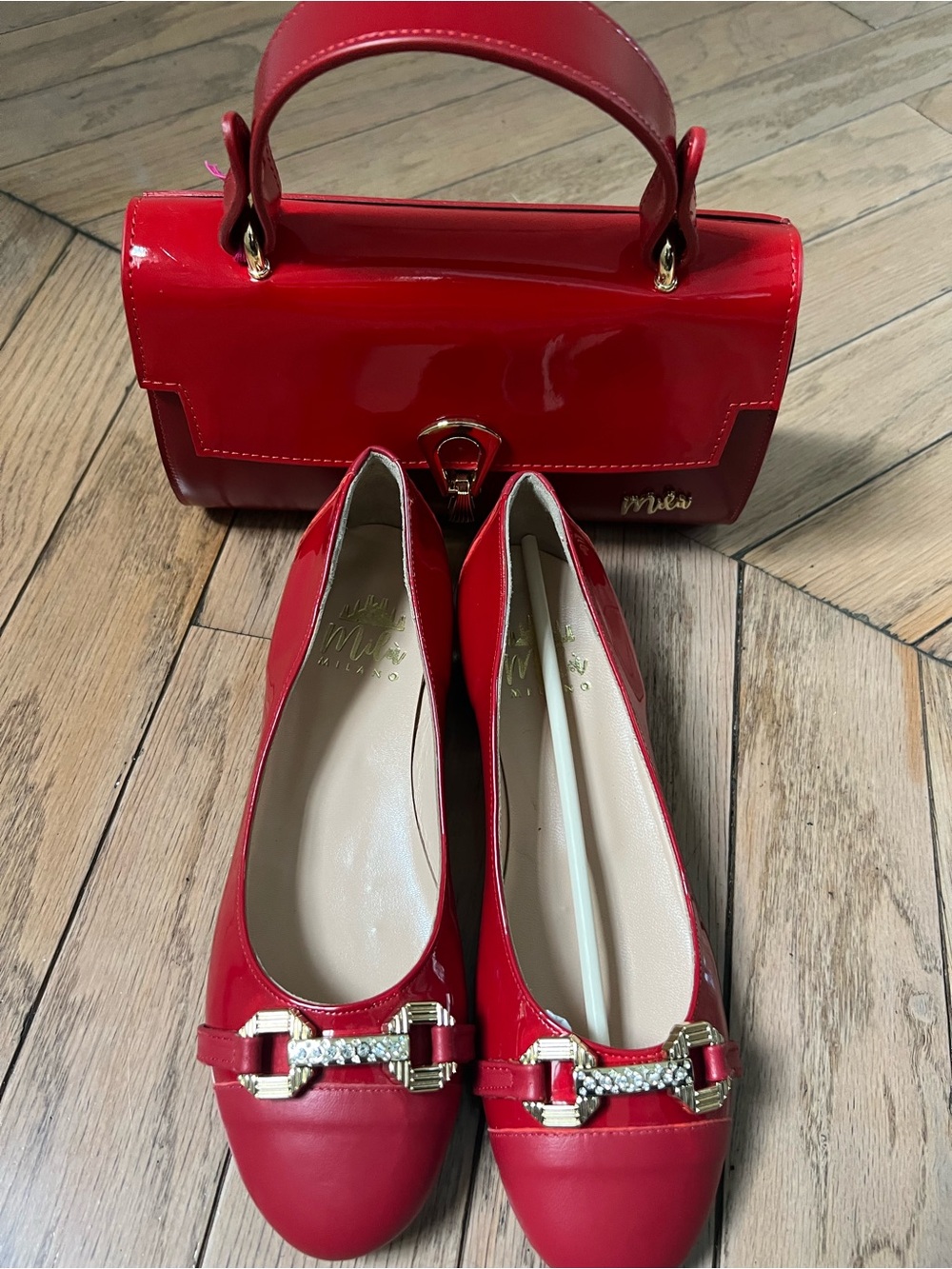 Milano Red Patent Ballet Flats with Gold Crystal Buckle